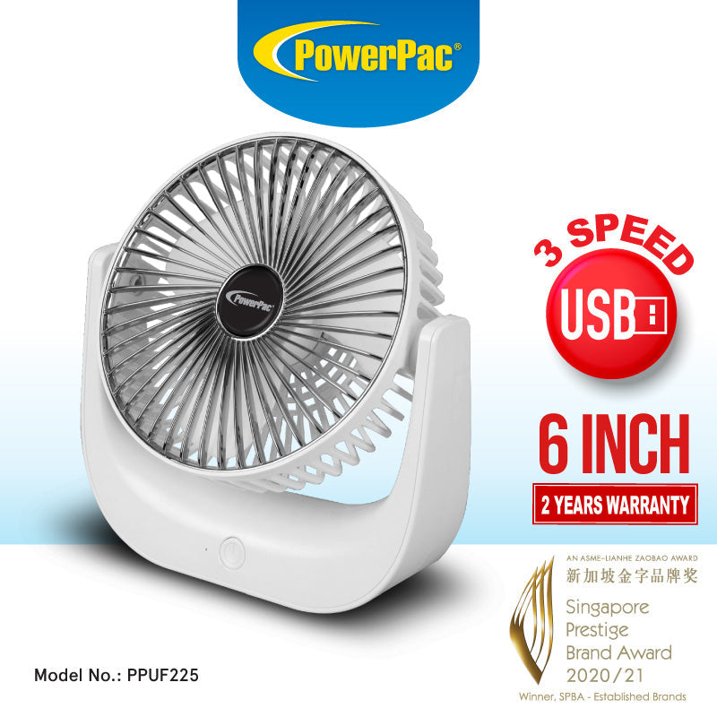 PowerPac 6-Inch Portable USB Table Fan PPUF225