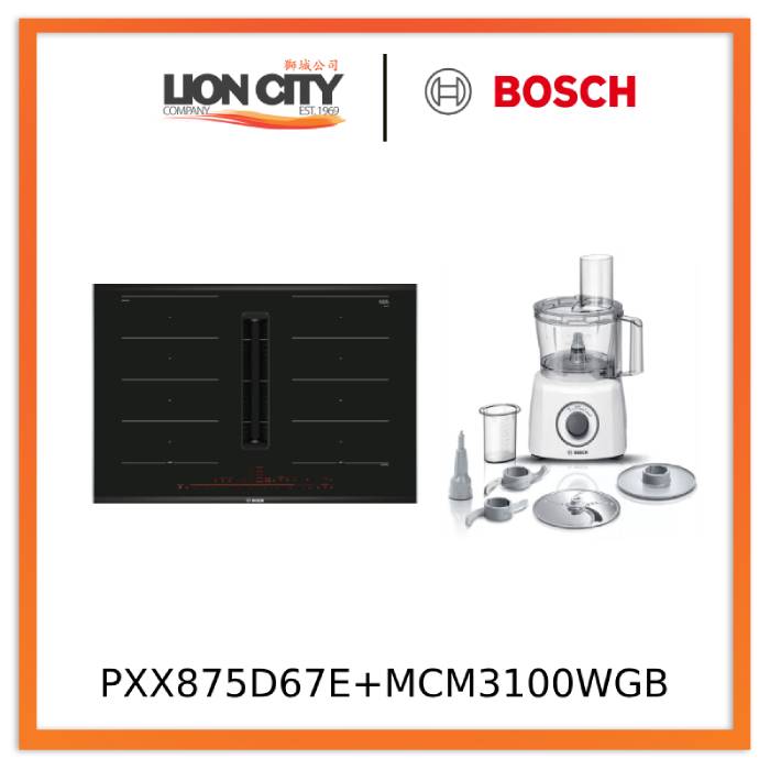 Bosch PXX875D67E Series 8 Induction hob with integrated ventilation system 80 cm surface mount with frame + MCM3100WGB Food processor MultiTalent 3700 W White