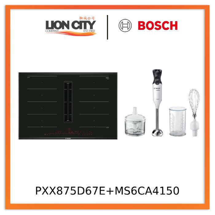 Bosch PXX875D67E Series 8 Induction hob with integrated ventilation system 80 cm surface mount with frame + MS6CA4150 Hand blender ErgoMixx 800 W White, anthracite