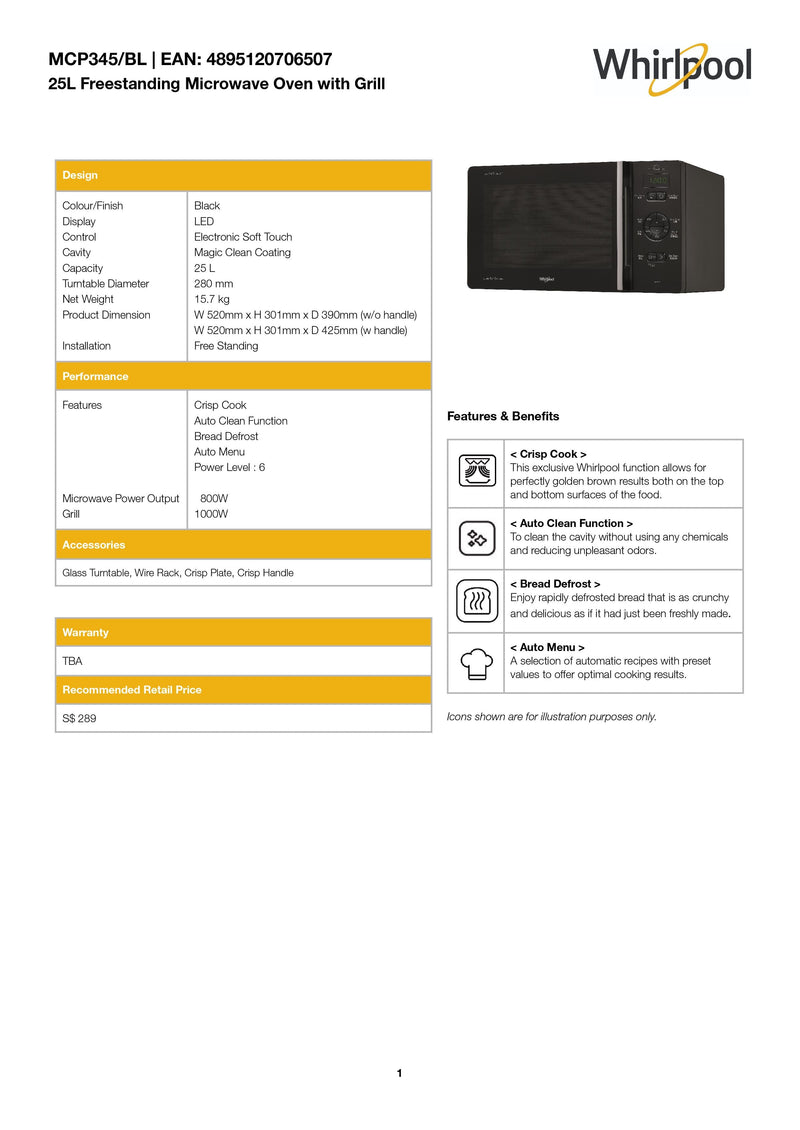 Whirlpool MCP345BL 25L Freestanding Microwave Oven with Grill