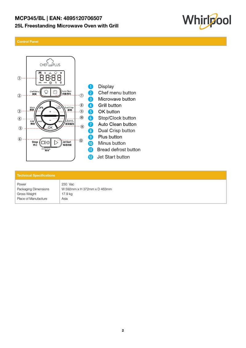Whirlpool MCP345BL 25L Freestanding Microwave Oven with Grill