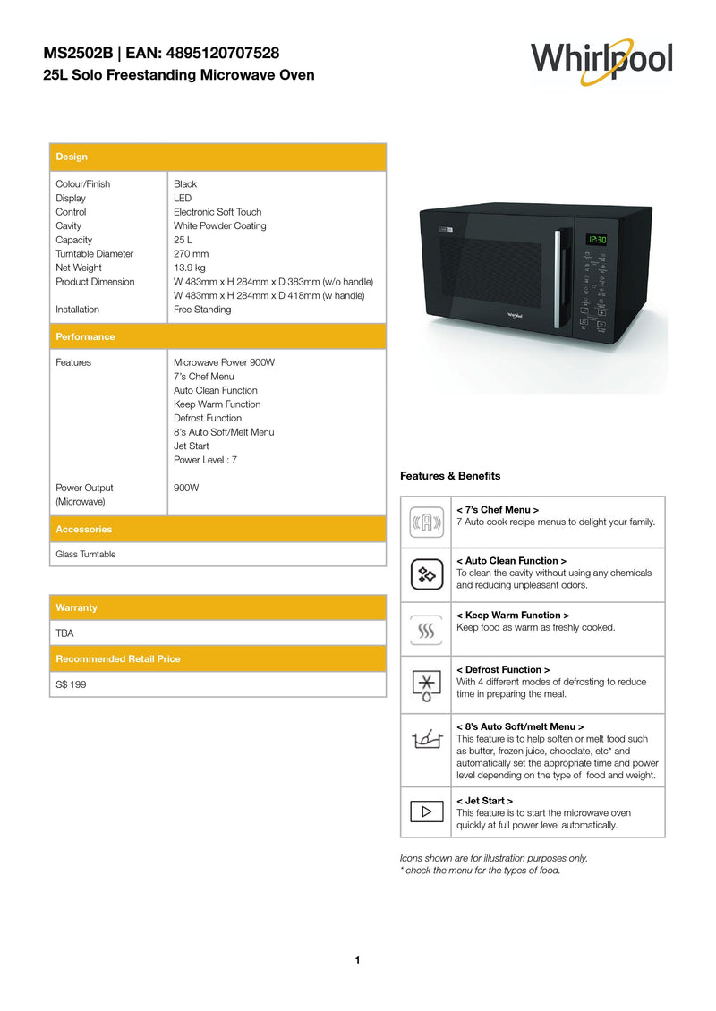 Whirlpool MS2502B 25L Solo Freestanding Microwave Oven with Auto Cook