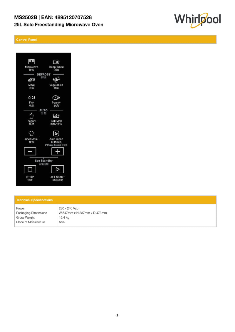 Whirlpool MS2502B 25L Solo Freestanding Microwave Oven with Auto Cook