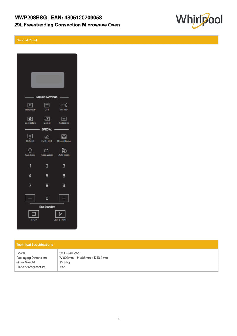 Whirlpool 29L Freestanding Convection Microwave Oven with AirFry Technology