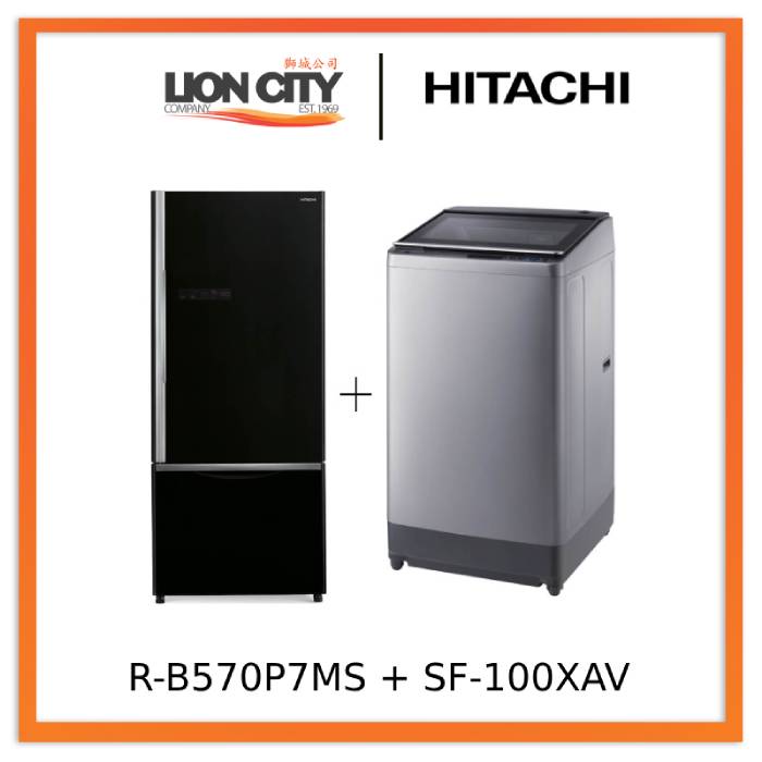 Hitachi RB570P7MS 2 DR Refrigerators + Hitachi SF100XAV 10kg Top Load with Glass Top Washing Machine
