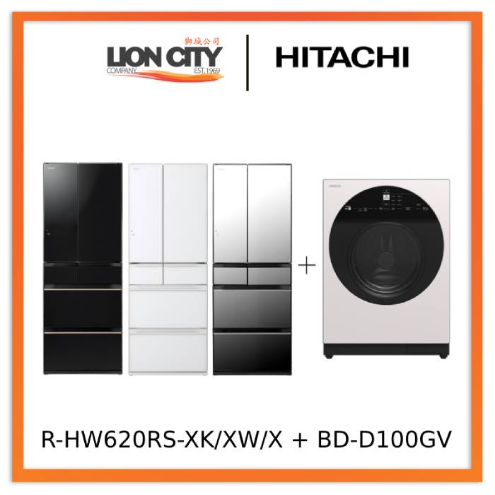 Hitachi R-HW620RS-XK/XW/X 416l Multi-door Fridge+Hitachi BD-D100GV Front Load Washer Dryer Wind Iron, AI Wash Inverter 10/7KG