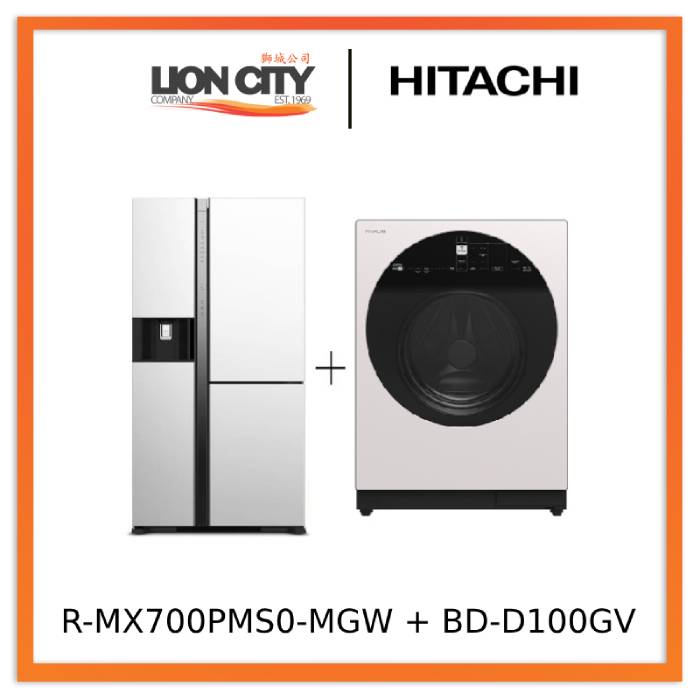 Hitachi R-MX700PMS0-MGW Side-by-side Refrigerator (569L) + Hitachi BD-D100GV Front Load Washer Dryer Wind Iron, AI Wash Inverter 10/7KG