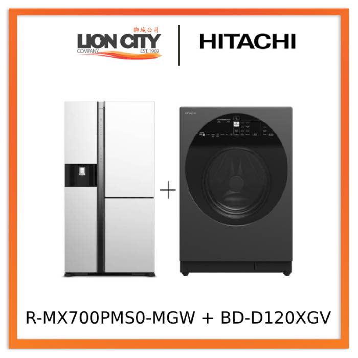 Hitachi R-MX700PMS0-MGW Side-by-side Refrigerator (569L) + Hitachi BD-D120XGV Front Load Washer Dryer 12/8KG