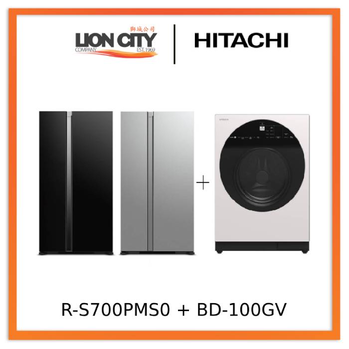 Hitachi R-SX700PMS0-GBK/GS 573L Side by Side Fridge  + Hitachi BD-100GV Front Loading - Washer AI Wash, Inverter 10 kg, 1,600 RPM
