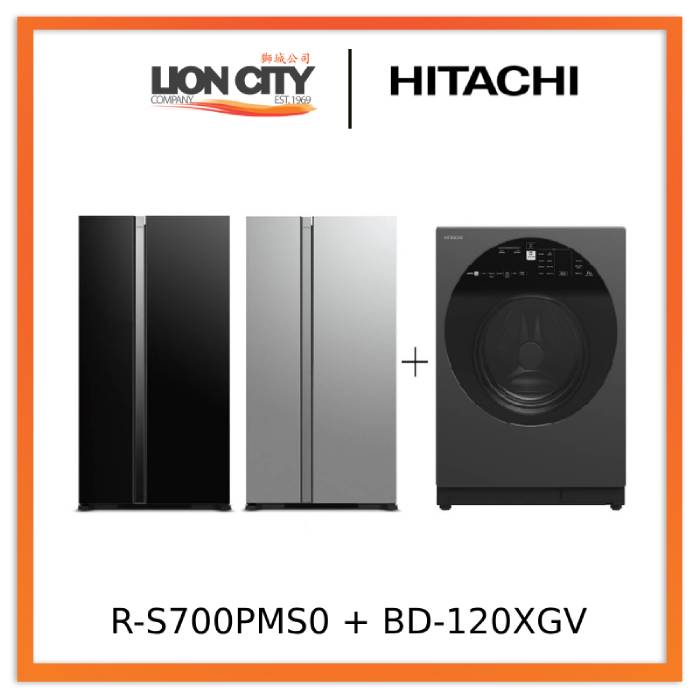 Hitachi R-S700PMS0-GBK/GS 595l Side-by-side Fridge (2 Ticks) + Hitachi BD-120XGV Front Load Washer AI Wash, Auto Dosing System, Inverter 12 kg, 1,600 RPM