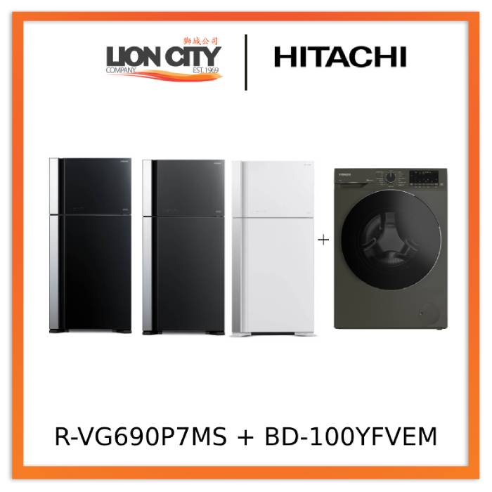 Hitachi R-VG690P7MS - GBK/GGR/GPW 550L Top Freezer Fridge + Hitachi BD-100YFVEM Front Loading - Washer Steam & Hygiene Easy Iron Inverter
