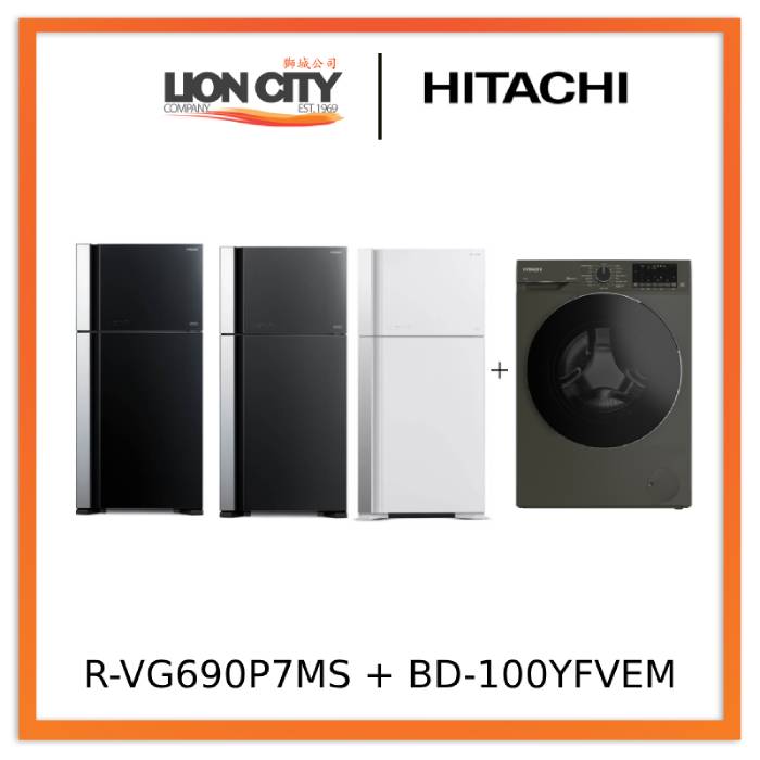 Hitachi R-VG690P7MS - GBK/GGR/GPW 550L Top Freezer Fridge + Hitachi BD-100YFVEM Front Loading - Washer Steam & Hygiene Easy Iron Inverter