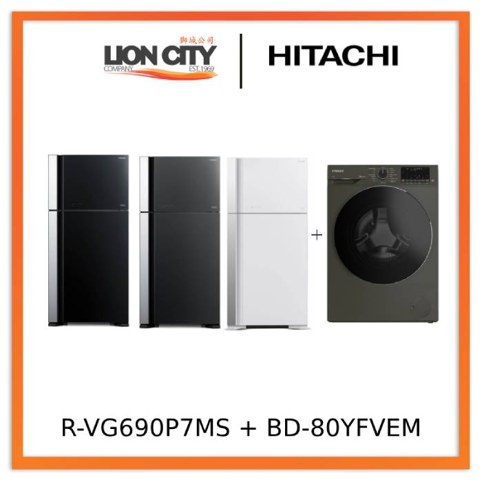 Hitachi R-VG690P7MS - GBK/GGR/GPW 550L Top Freezer Fridge + Hitachi BD-80YFVEM Front Loading - Washer Steam & Hygiene Easy Iron Inverter