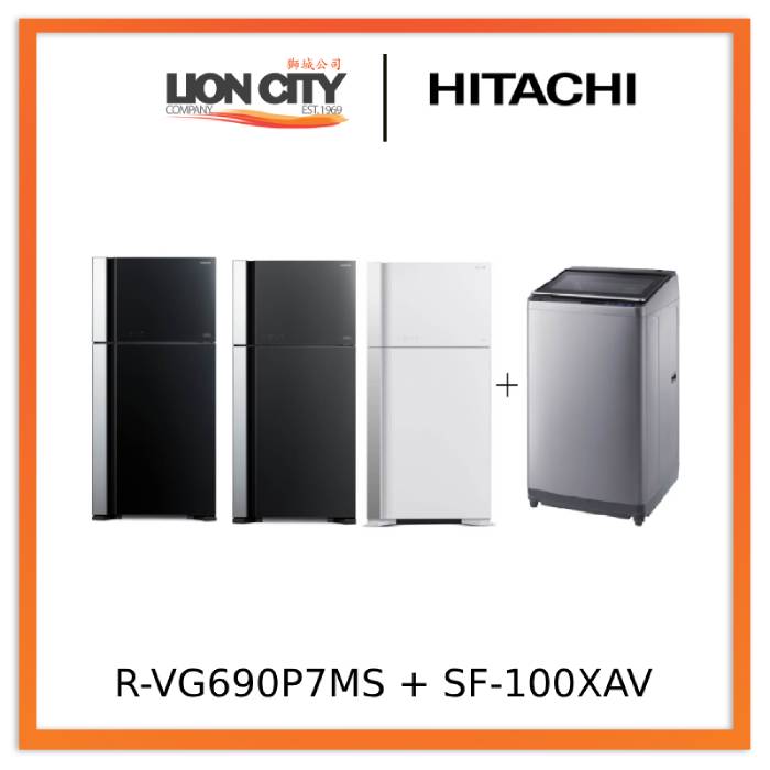Hitachi R-VG690P7MS - GBK/GGR/GPW 550L Top Freezer Fridge + Hitachi SF-100XAV 10kg Top Load with Glass Top Washing Machine