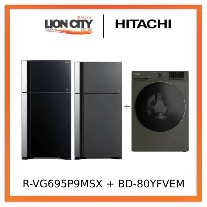 Hitachi R-VG695P9MSX - GBK / GGR BIG-2 Glass Door Inverter Refrigerator + Hitachi BD-80YFVEM Front Loading - Washer Steam & Hygiene Easy Iron Inverter