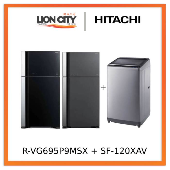 Hitachi R-VG695P9MSX - GBK / GGR BIG-2 Glass Door Inverter Refrigerator + Hitachi SF-120XAV 12kg Top Load with Glass Top Washing Machine