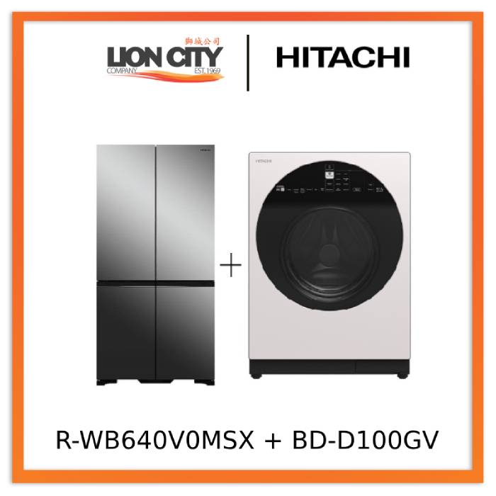 Hitachi R-WB640V0MSX 541L 4 Door Fridge (Bottom Freezer) + Hitachi BD-D100GV Front Load Washer Dryer Wind Iron, AI Wash Inverter 10/7KG