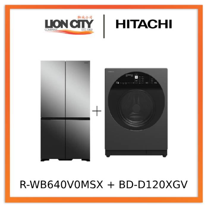 Hitachi R-WB640V0MSX 541L 4 Door Fridge (Bottom Freezer) + Hitachi BD-D120XGV Front Load Washer Dryer 12/8KG