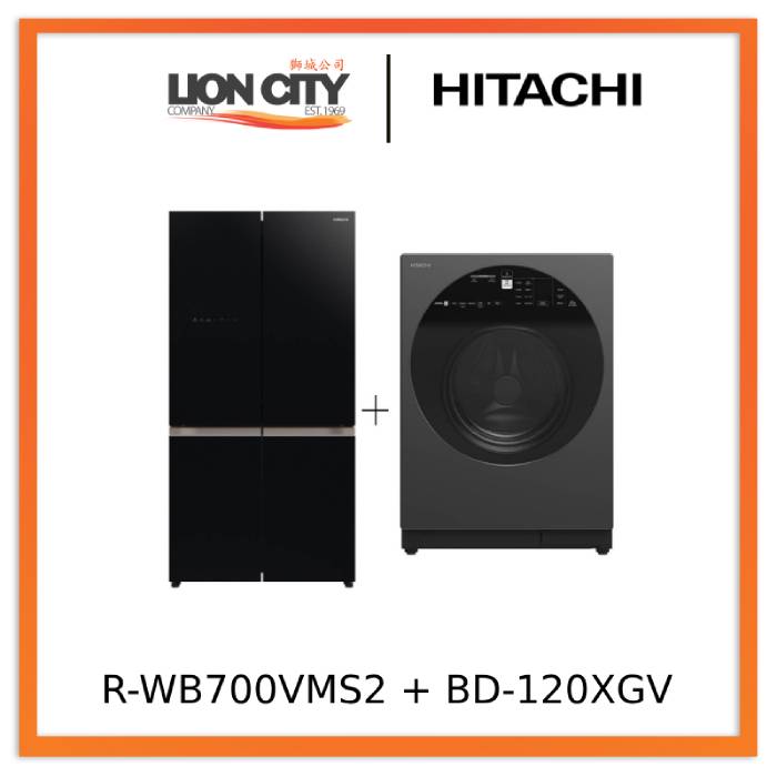 Hitachi R-WB700VMS2-GBK 645L French Bottom Freezer Deluxe 4-Door Refrigerator + Hitachi BD-120XGV Front Load Washer AI Wash, Auto Dosing System, Inverter 12 kg, 1,600 RPM