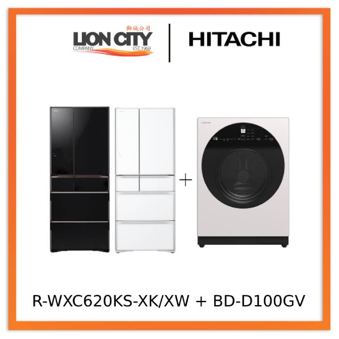 Hitachi R-WXC620KS-XK/XW (Crystal White) Multi Door Refrigerator (500l)+Hitachi BD-D100GV Front Load Washer Dryer Wind Iron, AI Wash Inverter 10/7KG