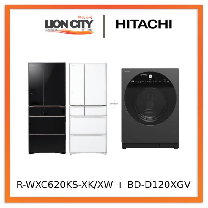 Hitachi R-WXC620KS-XK/XW (Crystal White) Multi Door Refrigerator (500l)+Hitachi BD-D120XGV Front Load Washer Dryer 12/8KG
