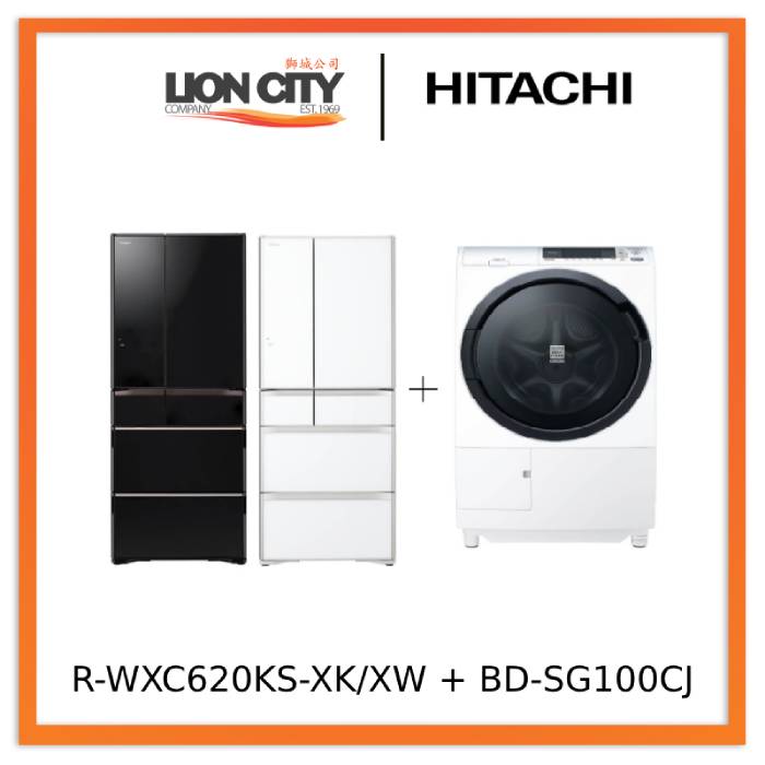 Hitachi R-WXC620KS-XK/XW (Crystal White) Multi Door Refrigerator (500l)+Hitachi BD-SG100CJ 10kg Front Load Washer Dryer