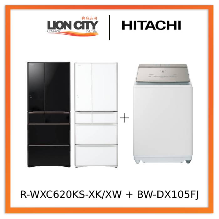Hitachi R-WXC620KS-XK/XW (Crystal White) Multi Door Refrigerator (500l)+Hitachi BW-DX105FJ Top Loading Washer Dryer (Wash 10.5 kg / Dry 5.5kg)