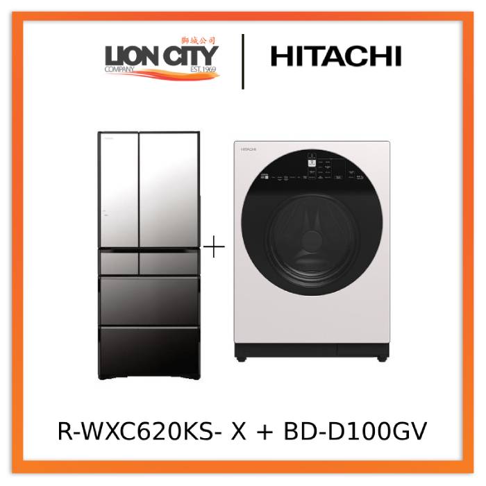 Hitachi R-WXC620KS-X Multi Door Refrigerator (500l)+Hitachi BD-D100GV Front Load Washer Dryer Wind Iron, AI Wash Inverter 10/7KG