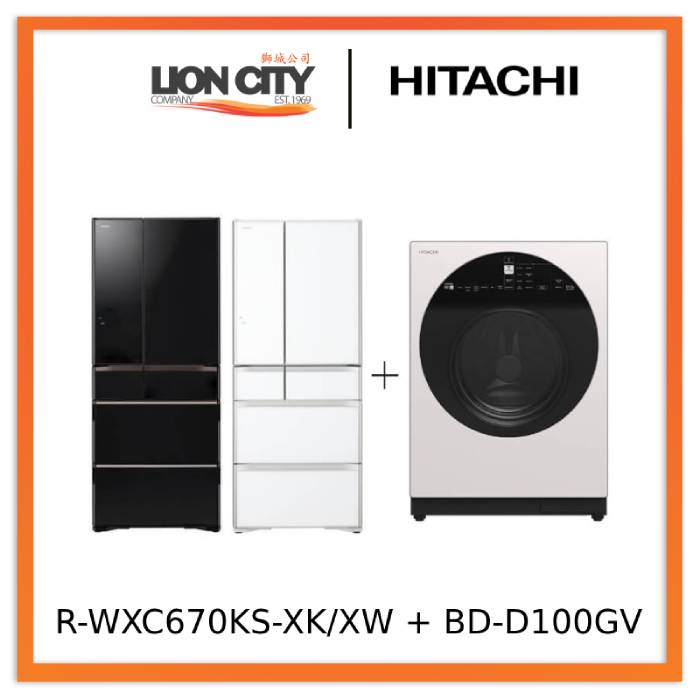 Hitachi R-WXC670KS-XK/XW Multi Door Refrigerator (500l)+Hitachi BD-D100GV Front Load Washer Dryer Wind Iron, AI Wash Inverter 10/7KG
