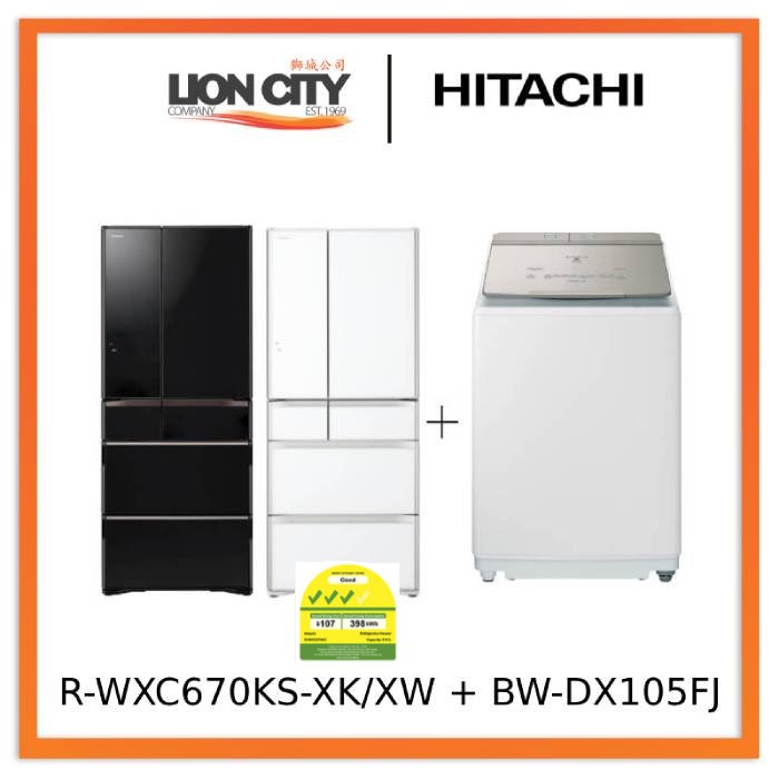 Hitachi R-WXC670KS-XK/XW Multi Door Refrigerator (500l)+Hitachi BW-DX105FJ Top Loading Washer Dryer (Wash 10.5 kg / Dry 5.5kg)