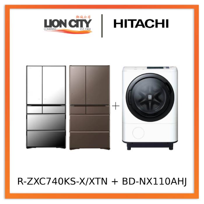 Hitachi R-ZXC740KS-X/XTN 572L Smart Multi-door Fridge+Hitachi BD-NX110AHJ 11/7kg Washer Dryer
