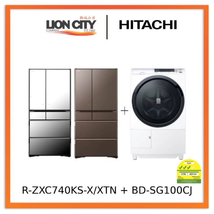 Hitachi R-ZXC740KS-X/XTN 572L Smart Multi-door Fridge+Hitachi BD-SG100CJ 10kg Front Load Washer Dryer