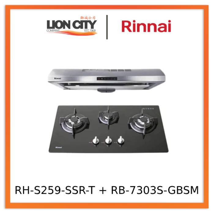 Rinnai RH-S259-SSR-T Cooker Hood + RB-7303S-GBSM 3-Burner Built-in Gas Hob