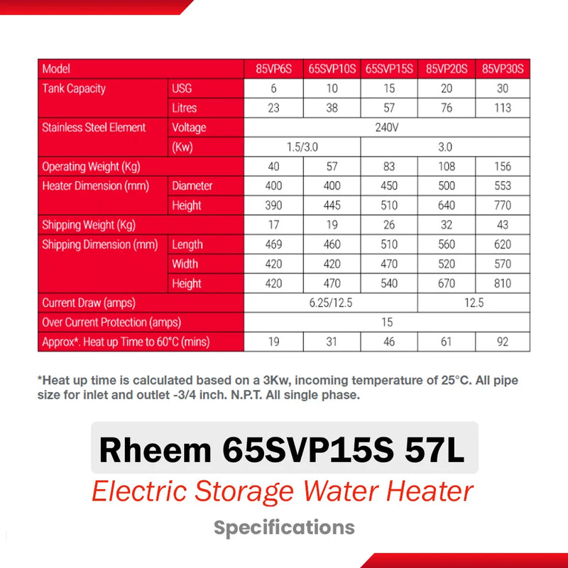 Rheem 57L Electric Storage Water Heater 65SVP15S