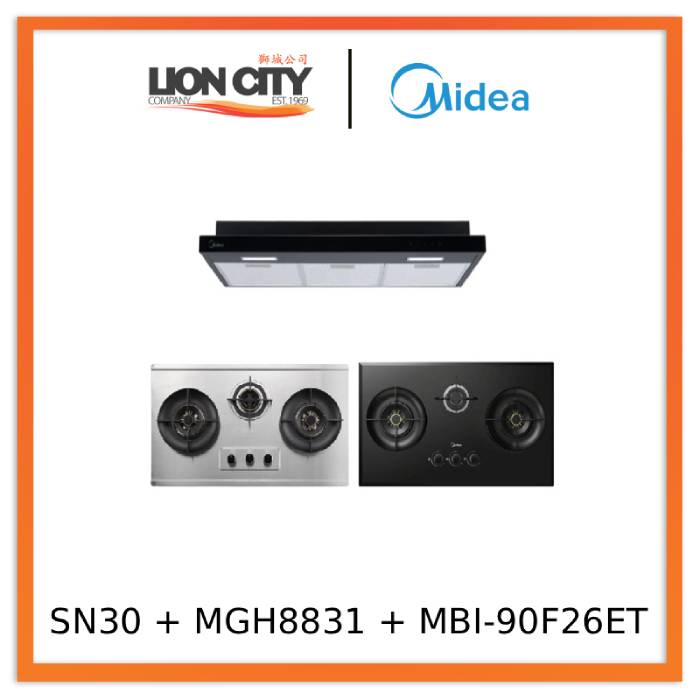 Midea MGH8831 88cm 3 Burner Stainless Steel Gas Hob + Midea MBI-SN30 88cm 3 Burner Glass Gas Hob + Midea MBI-90F26ET Hood