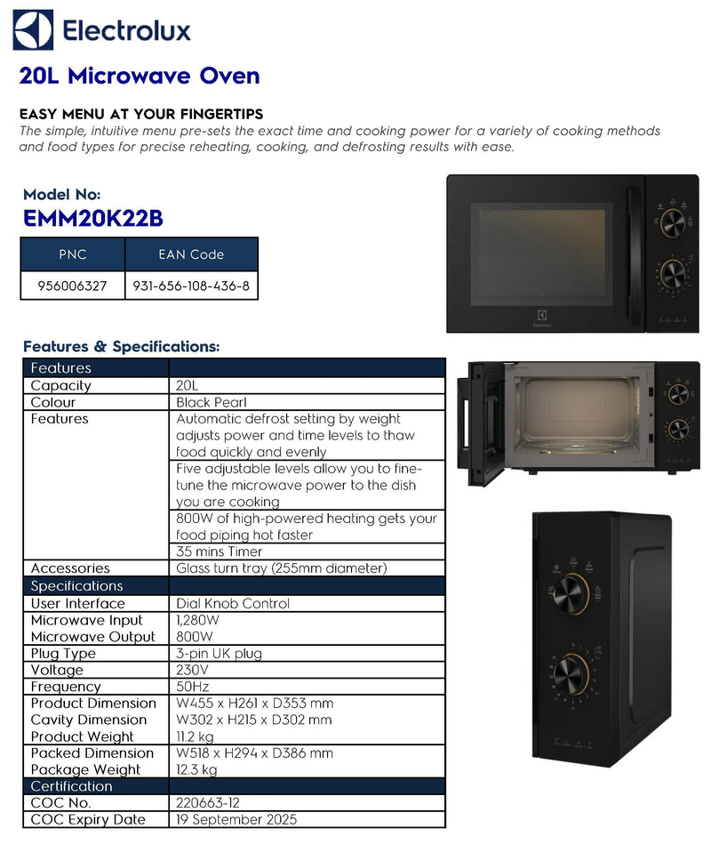 Electrolux EMM20K22B 20L Countertop Microwave Oven with Child Lock