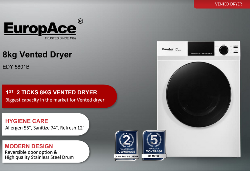 EuropAce 8kg Vented Dryer EDY 5801B