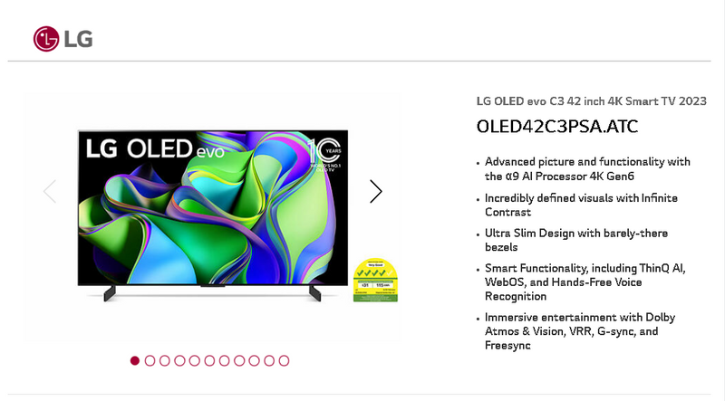 LG OLED42C3PSA OLED evo C3 42 inch TV 4K Smart TV 2023
