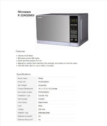 Sharp R-22A0(SM)V 20L Compact Solo Microwave