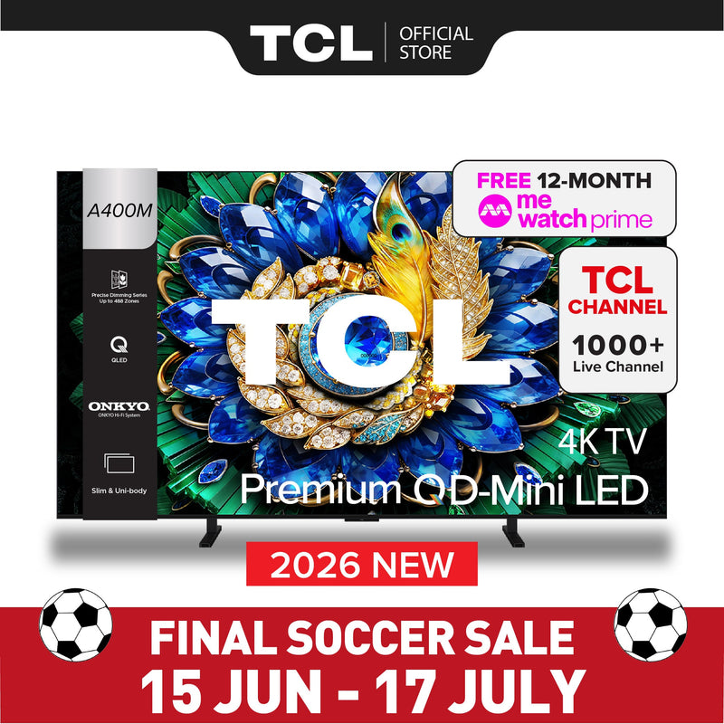 TCL A400M Premium QD-MiniLED 4K TV 55‑75" Precise Dimming