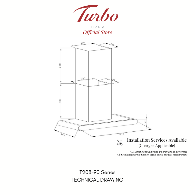 Turbo Italia T208 Series 90cm Chimney Hood