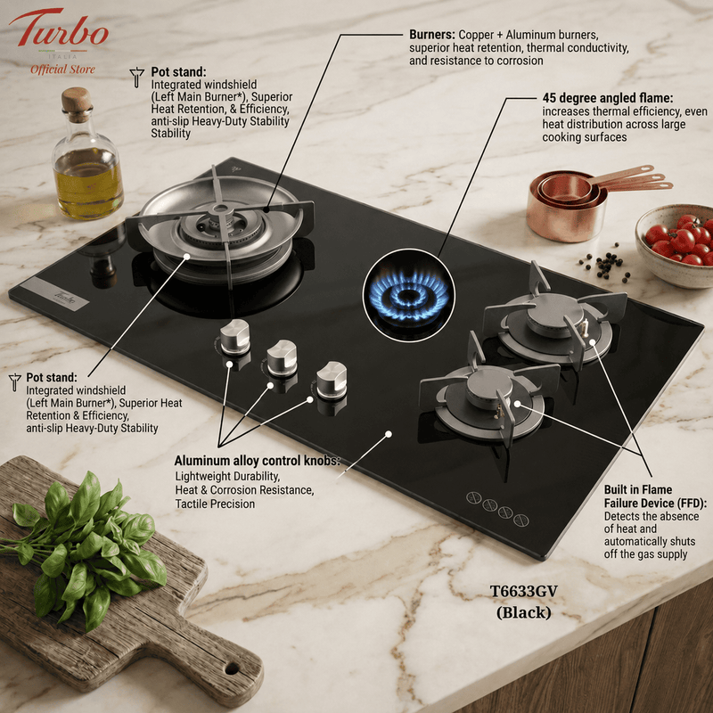 Turbo Italia T6633GV 86cm 3-Burner Built-in Glass Hob