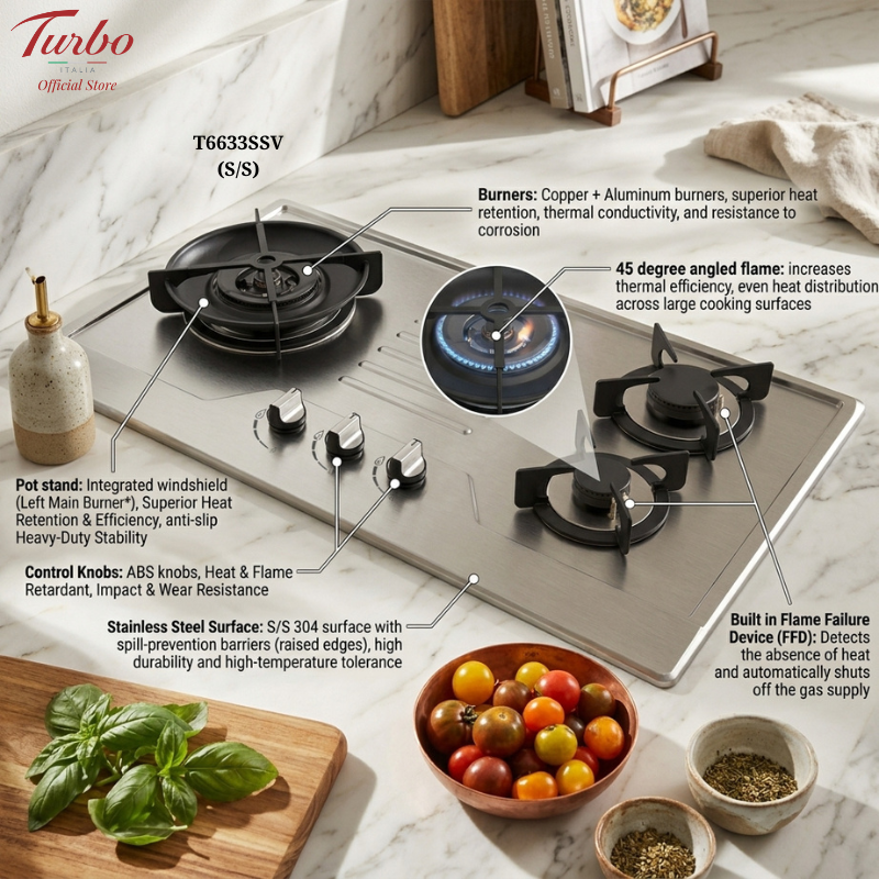 Turbo Italia T6633SS 86cm 3-Burner Stainless Steel Built-in Hob