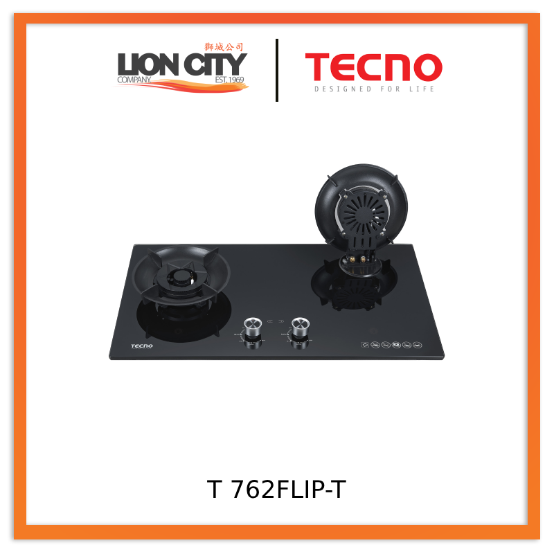 Tecno T 762FLIP-T 2-Burner 76cm Tempered Glass Hob with Flip-Up Burners & Timer