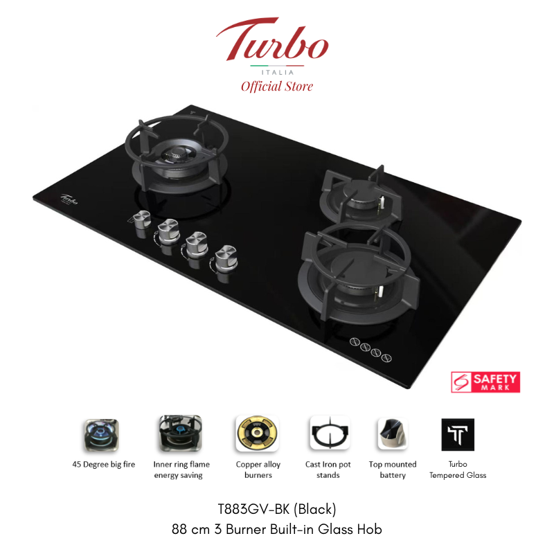 Turbo Incanto T883GV-BK 88cm 3-Burner Built-in Glass Hob