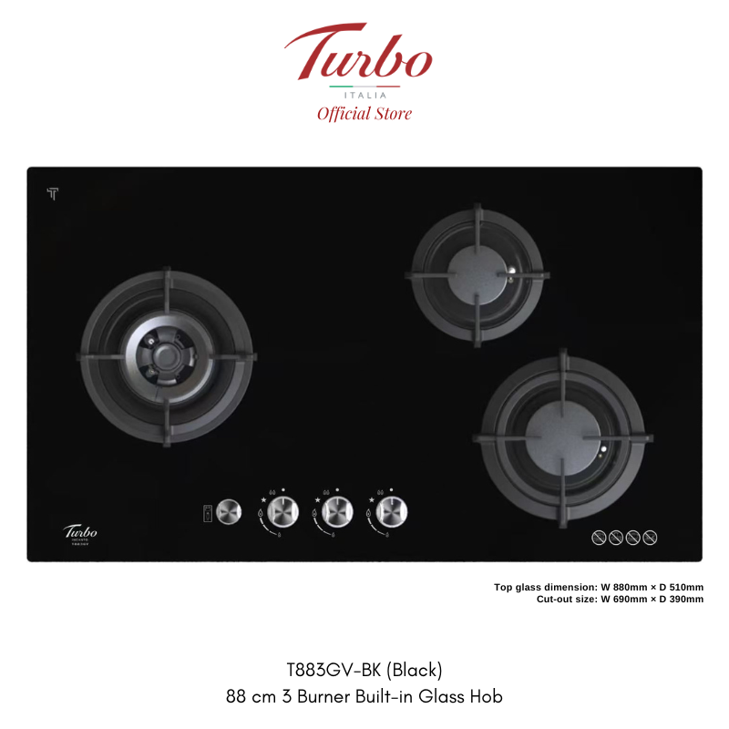 Turbo Incanto T883GV-BK 88cm 3-Burner Built-in Glass Hob