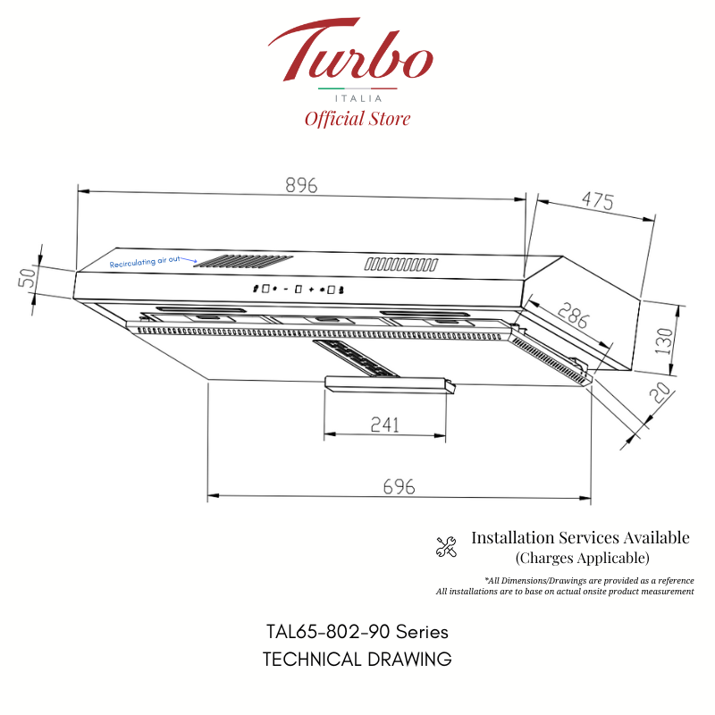 Turbo Italia TAL65-802-90 Series 90cm Range Hood