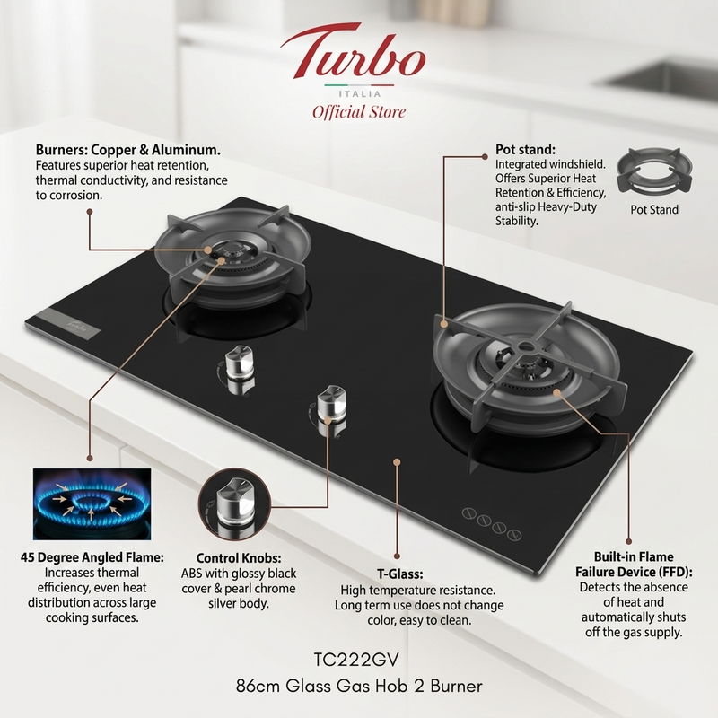 Turbo Italia TC222GV 86cm Built-in Glass Gas Hob 2 Burners
