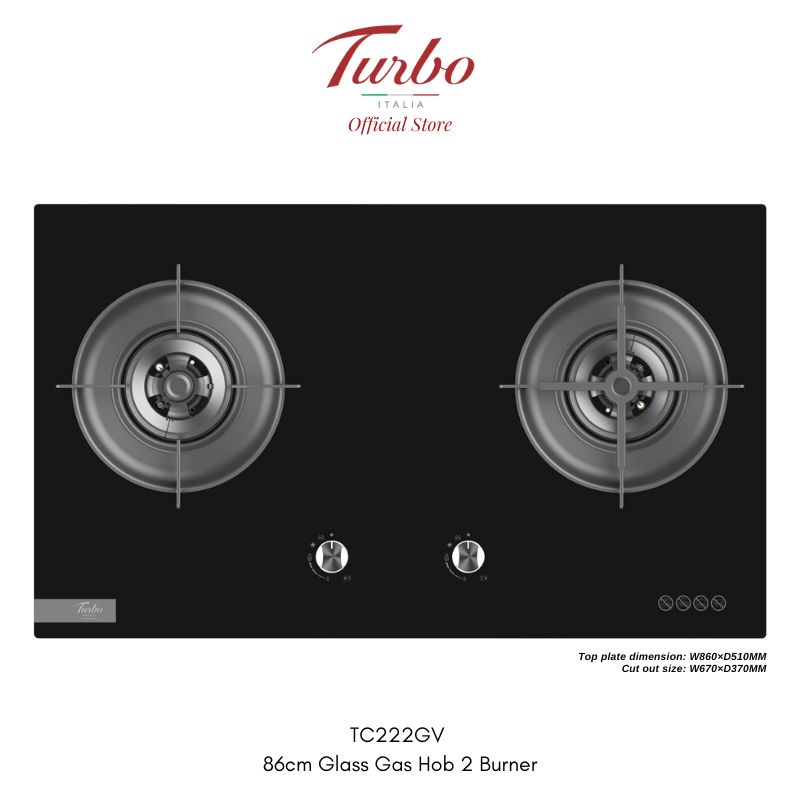 Turbo Italia TC222GV 86cm Built-in Glass Gas Hob 2 Burners