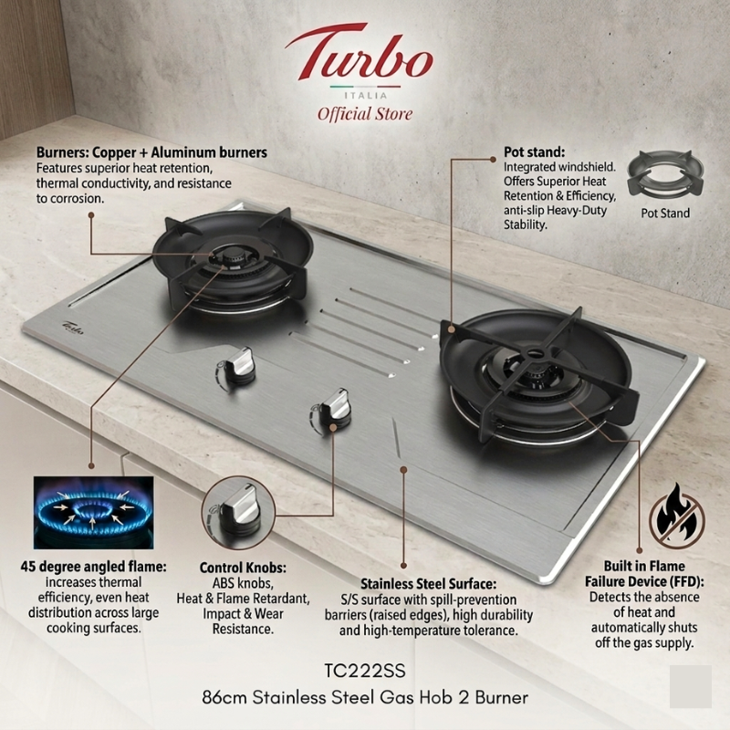 Turbo Italia TC222SS 86cm 2-Burner Stainless Steel Built-in Hob